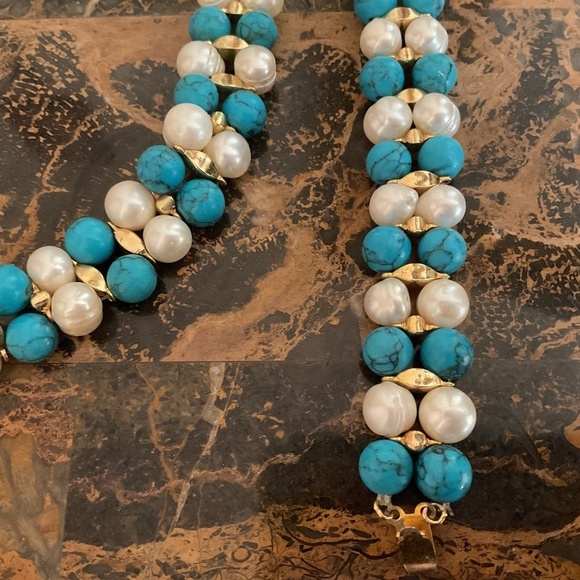 NWOT Turquoise White Pearl Choker Necklace/Bracelet/Earrings Gorgeous Set - Picture 5 of 10